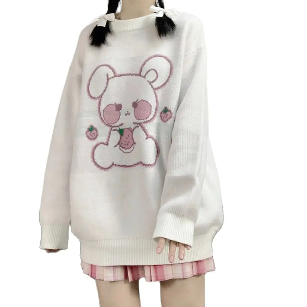 

Harajuku Kawaii Strawberry Rabbit Embroidered Knit Sweater Korean Sweet Oversized Pullover Schoolgirl Long Sleeve Female Tops