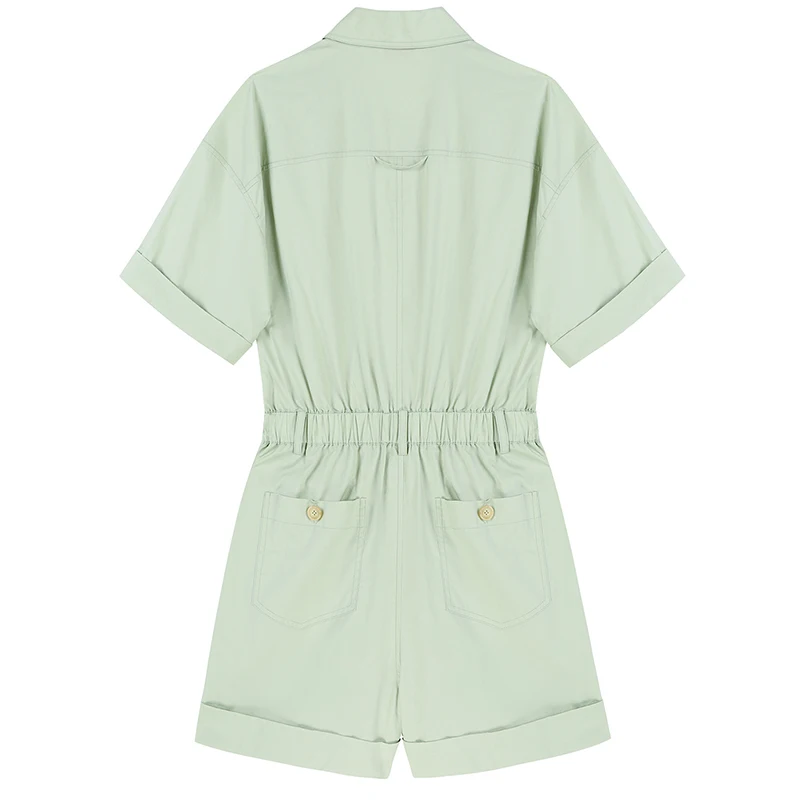 

[EAM] Loose Fit Women Green Casual Big Size Rompers New High Waist Pocket Stitch Pants Fashion Tide Spring Summer 2021 1DD9362
