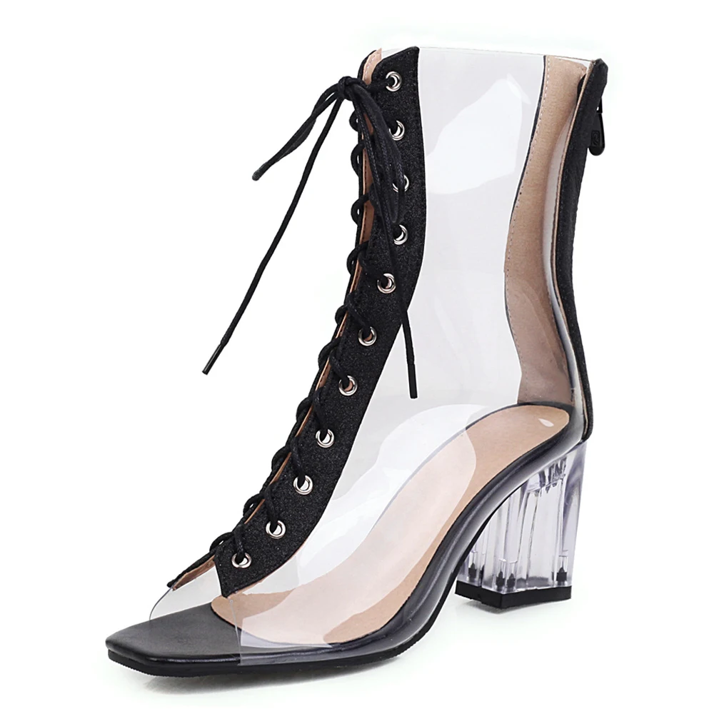 2021 Summer Peep toe Boots Women's shoes Sandals New Sexy Sliver Fashion Chunky heels Ladylike Black Transparent Party shoes