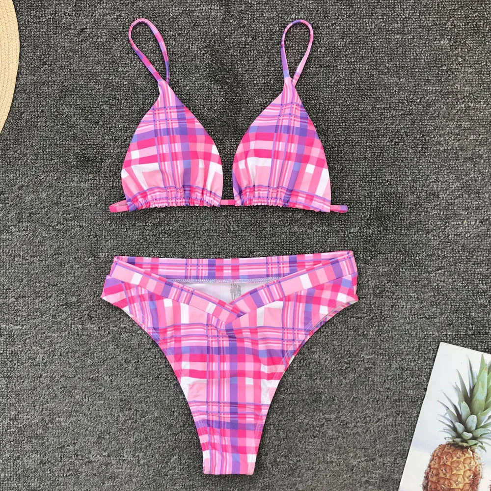 Женский клетчатый купальник бикини с высокой посадкой винтажный купальный