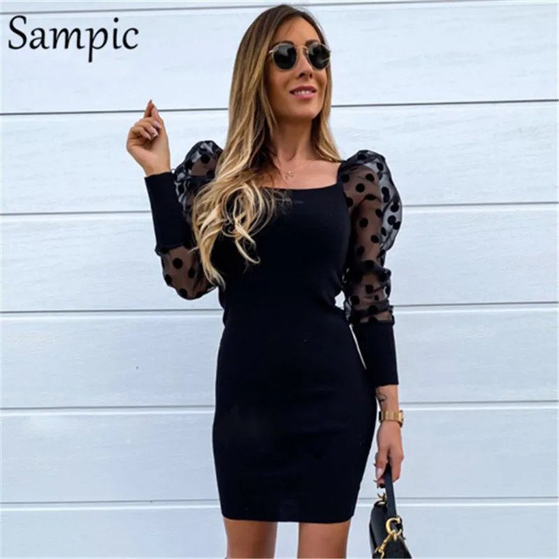 Женское платье свитер в горошек Sampic повседневное облегающее Сетчатое с длинными