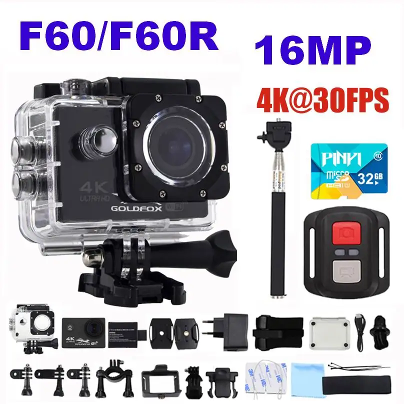 Стильная Экшн камера GOLDFOX H9 Ultra HD 4K 30fps 16MP Wifi Спортивная 170D 30m Go Водонепроницаемая