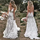 Винтажное свадебное платье-Русалка на бретельках, элегантное платье невесты с V-образным вырезом, открытой спиной, кружевной аппликацией и 3D цветами, со шлейфом, 2021