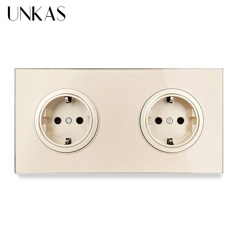 Двойная розетка UNKAS с европейской Золотой стеклянной панелью + вентилятор