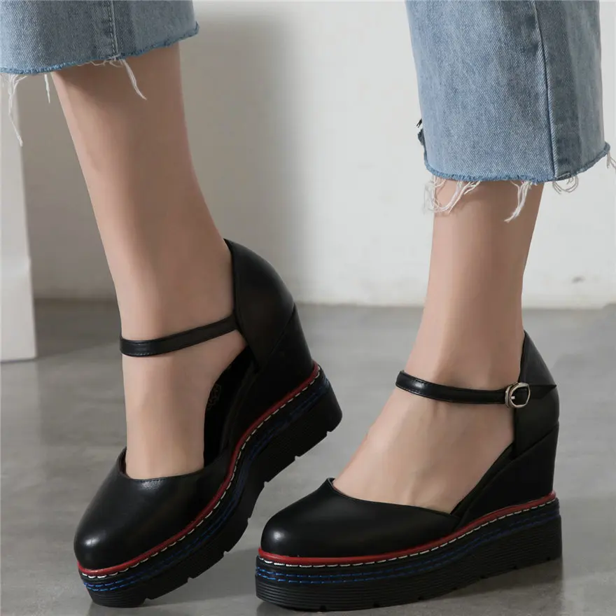 Женские туфли на танкетке летние Туфли Мэри Джейн из натуральной кожи с ремешком