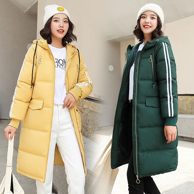 Шикарное длинное однотонное зимнее пуховое пальто с капюшоном для пекарни, Женская куртка большого размера, Толстая теплая ватная парка с большим карманом