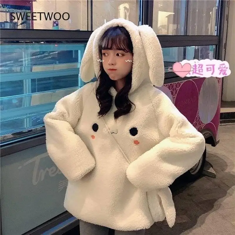 

Loose Lovely Bunny Ear Hoodies for Women Warm Long Sleeve Sweet Kawaii Rabbit Bag Hooded Female Autumn Winter Cute Sweatshirt