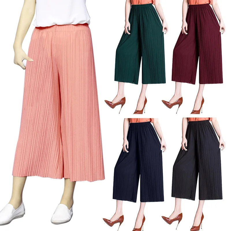 

Thin Section Summer Elegant Pants Chiffon Wide Leg Pants Female Sexy Korean Women High Waist Pleated Wrinkle Loose Pants