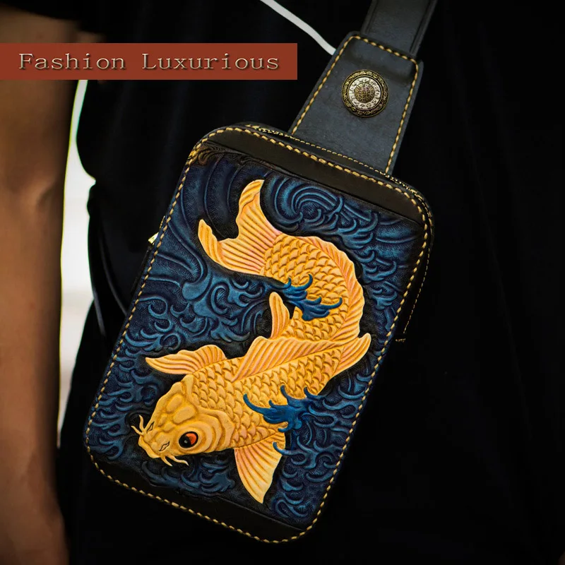 Кожаная нагрудная сумка ручной работы унисекс сумочка на плечо из парчовой кожи