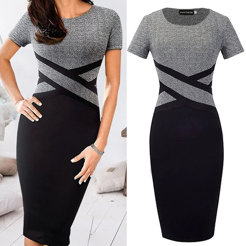 

Women Short Sleeve O-neck Midi Dress Sexy Slim Party Dress Summer vestidos Black Grey Patchwork Striped Bodycon Dress