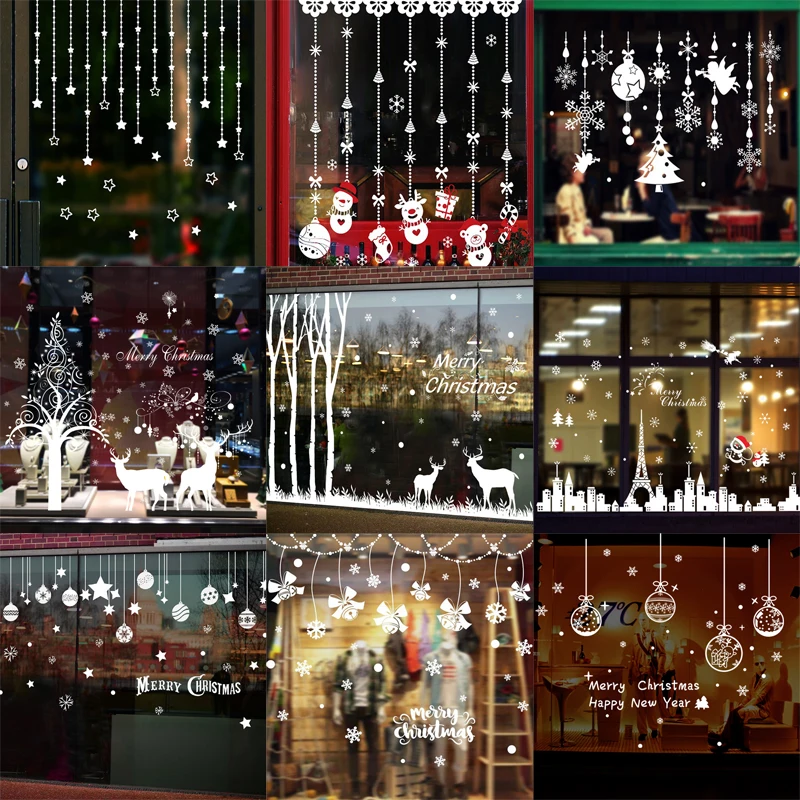 Новогоднее и Рождественское украшение съемная Зеркальная Наклейка на окно белые