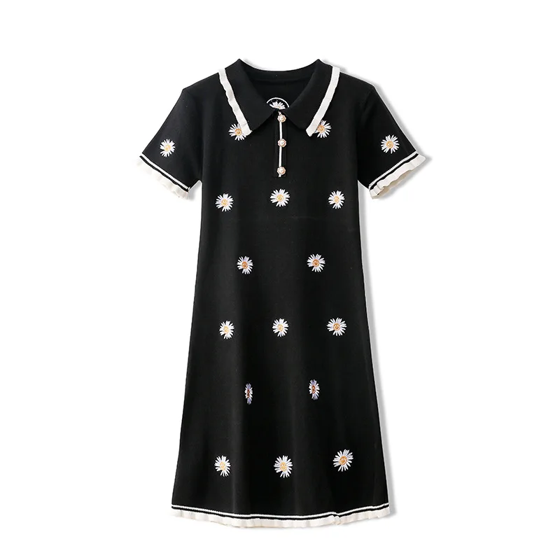 

High Quality Luxury Sweet Ruffles Flower Embroidered Short Sleeve Slim Knitted Dress Sweater Lady Elegant Shirts Jacquard Dress