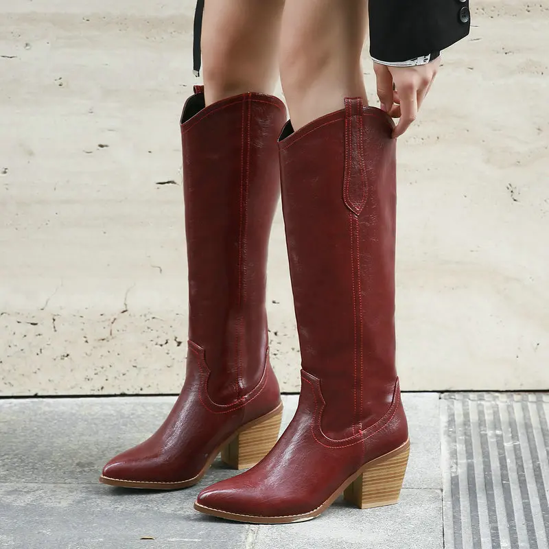 

Осенние женские сапоги до колена с острым носком на высоком устойчивом каблуке сапоги из искусственной кожи зимние удобные женские сапоги ...