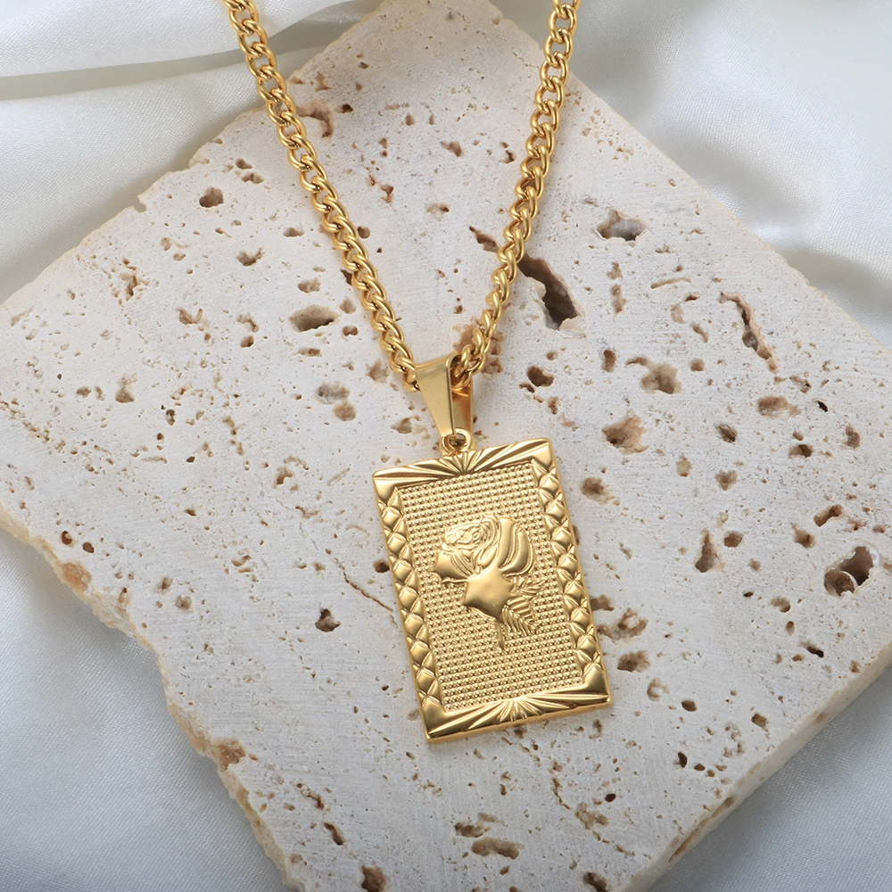 

INS Style New Trendy Stainless Steel Rose Pattern Square Pendant Necklace 18k Gold Plate PVD Charm Necklace Chain for Women
