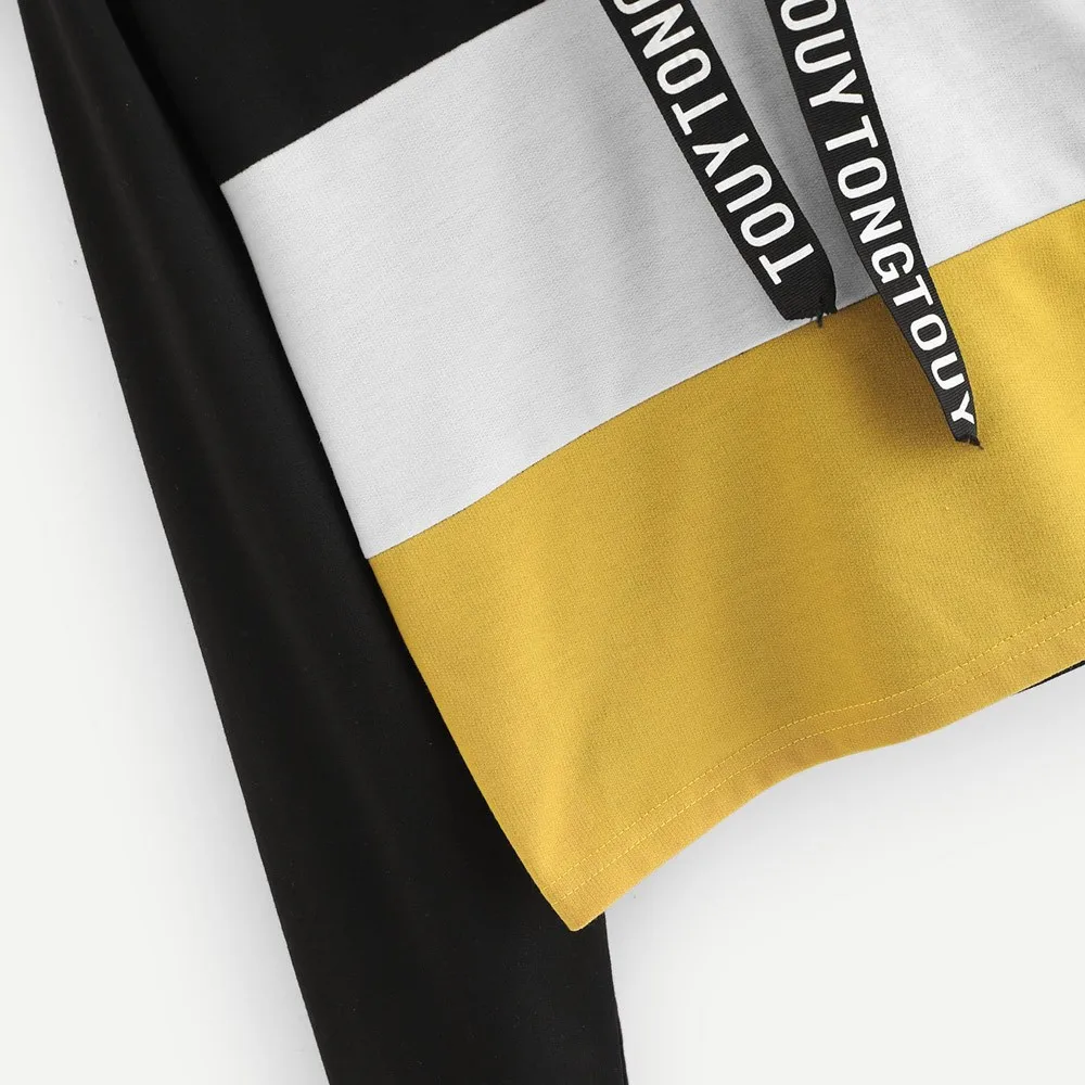 hoodies for teen girls Women's Long Sleeve pullover Letter Print Tape Drawstring Hoodie Colorblock Sweatshirt толстовки женские |