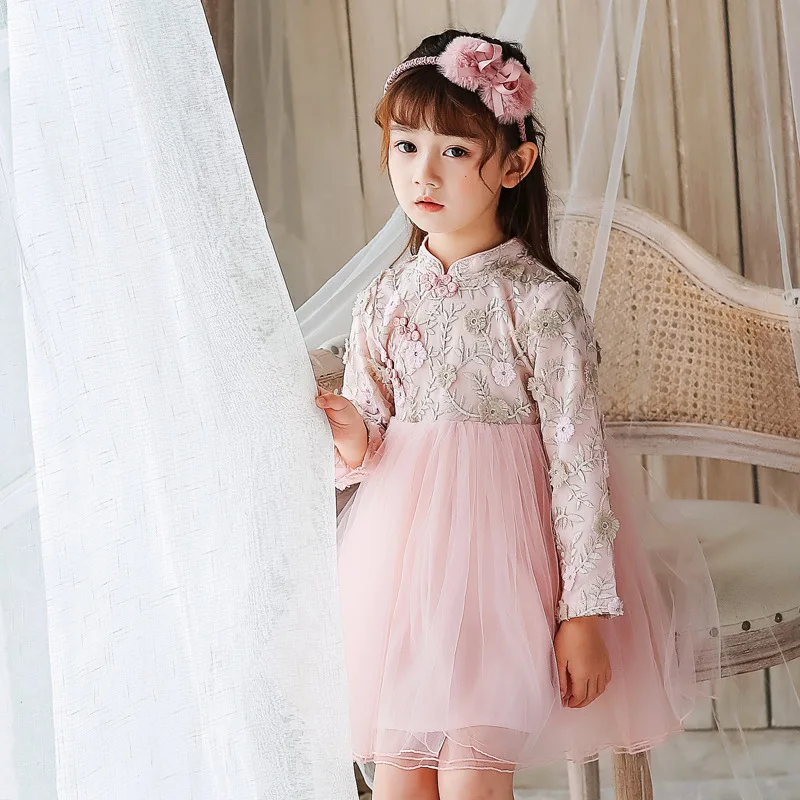 Autumn Long Sleeve New 2019 Girls Dress Fashion Lace Veil Embroidered Cheongsam Chinese Style Purple Pink Princess |