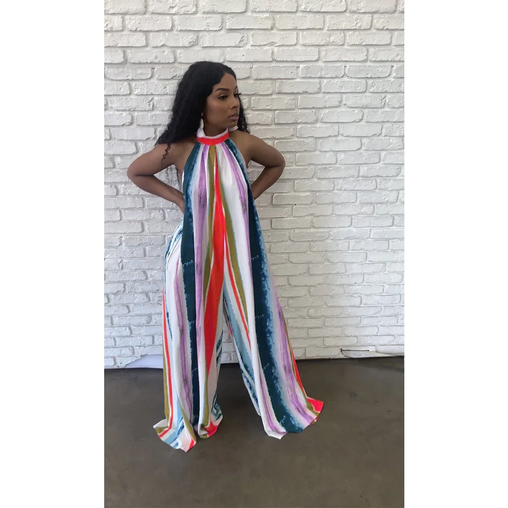 

Jumpsuits EleganceTie Dye Stripes Printed Loose Version Jumpsuit Women Neck Strap Bandage Backless Sleeveless Casual Custom