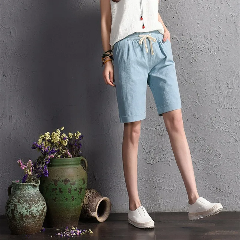 

Summer Women Cotton Linen Bermuda Feminina Elastic Waist Casual Sweatpants Knee Length Beach Trousers Female Shorts Plus Size