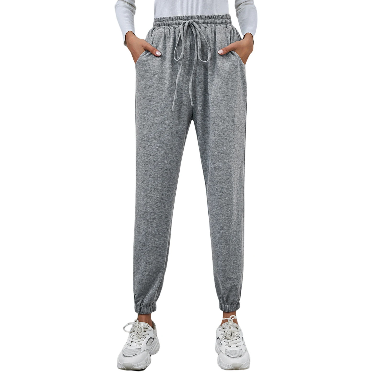 

2021 Women All-match Casual Solid Color Sweatpants Girls Elastic High Waist Tie-up Wide Leg Trousers With Pockets, S/ M/ L/ XL