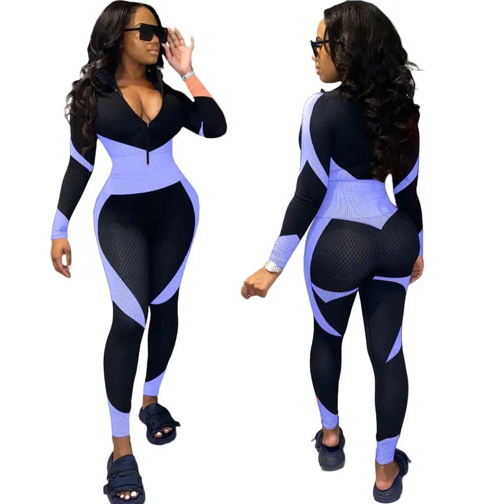 

Hot Sales Lady's Positioning Printing Skinny Jumpsuits Casual Lady Depp V-neck Full Sleeve Zipper Sportwear Rompers 2020 Autumn