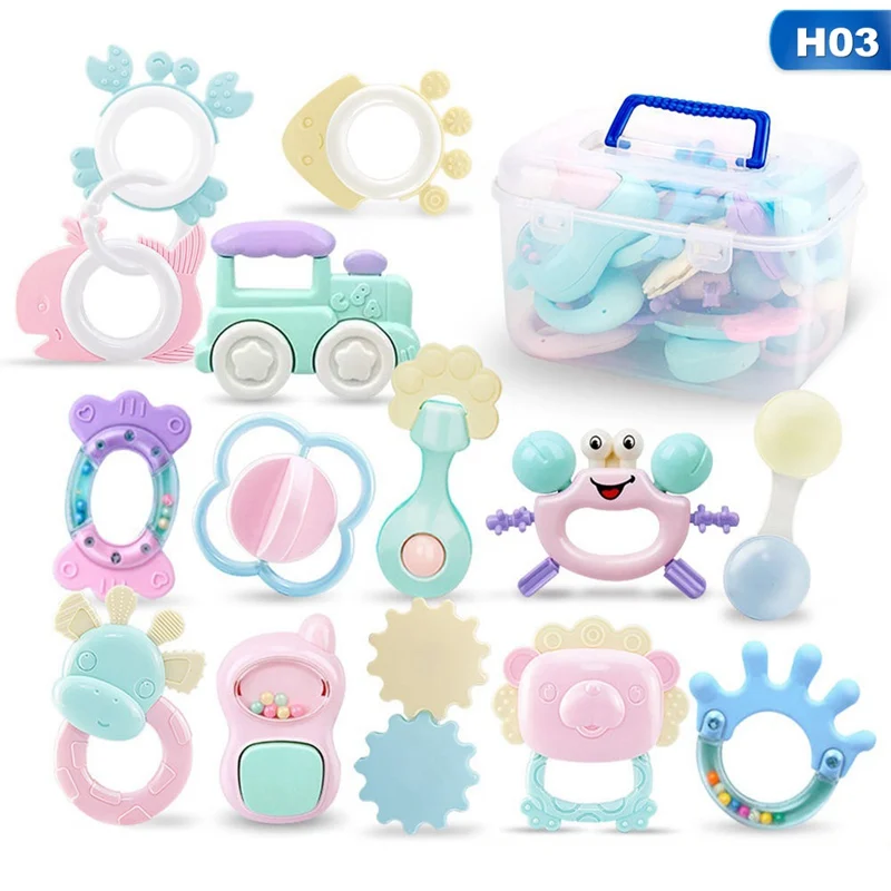 

6-14pcs Set Newborn Baby Teether Rattles Jingle Bells Toys 0-12 Months Lovely Hand Hold Shaking Bell Boilable Baby Rattles Toys