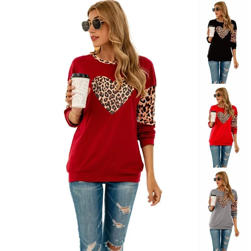 

Женская футболка с леопардовым принтом, Повседневная Свободная футболка с длинным рукавом и круглым вырезом, уличная одежда на осень