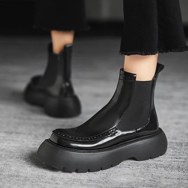 

Style British Thick Bottom Chelsea Genuine Leather Shoes Women Autumn Winter Short Boots Ankle Booties Botines Mujer