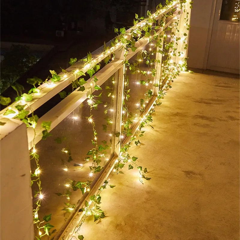 Guirlanda com Fio de Cobre Luzes da Corda Hera Folhas Fadas Terraço Varanda Jardim Cerca Decorações Casamento Guirlanda Natal 2m Led