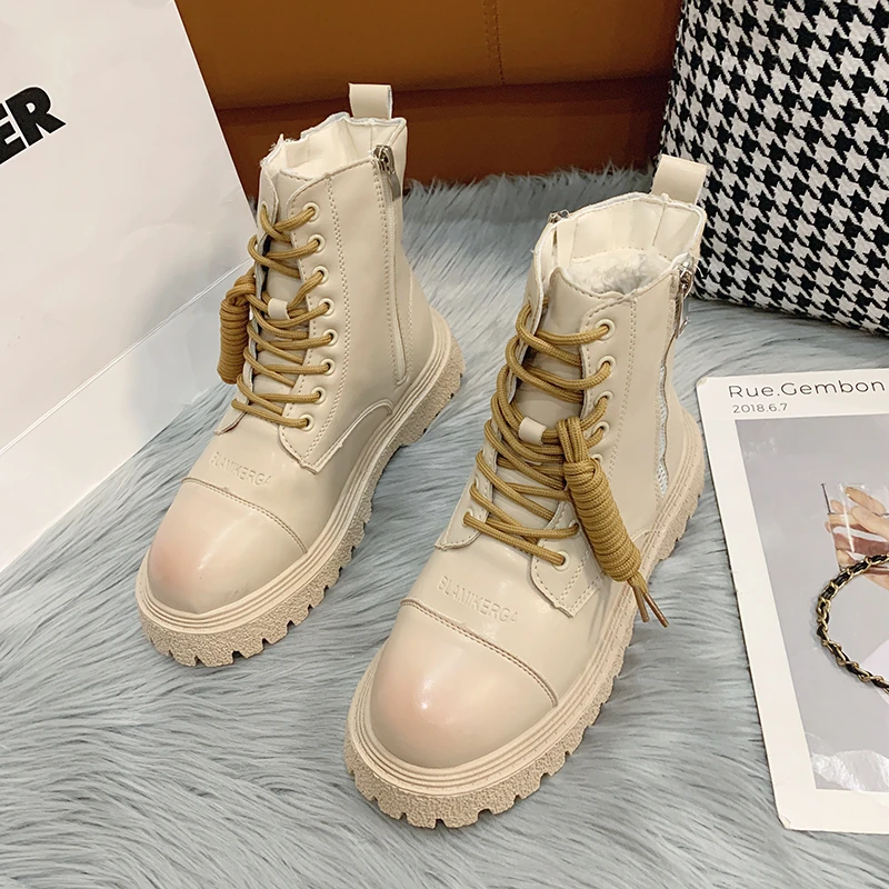 

White Platform Thick Bottom Ankle Boots For Women Anterior Lace Up Shoes Spring Autumn Side Zipper British Style Footwear 2021