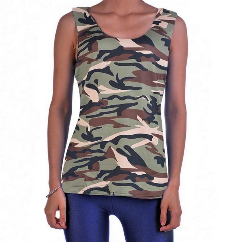 Модные камуфляжные женские топы без рукавов с круглым вырезом повседневные