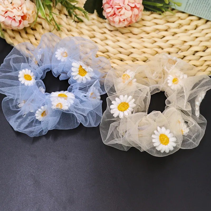 

Women Hair Scrunchies Ponytail Daisies Holder Hair Rope Elastic Hair Band Embroidered Daisy Hair Accessories Lace See through