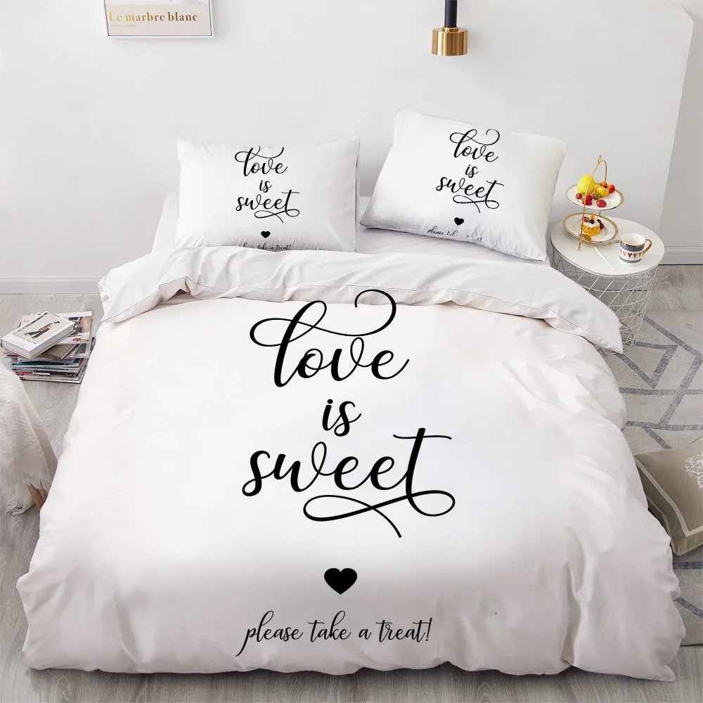 

3D Modern Beddings Custom Design Letter Duvet Cover Sets White Bed Pillow Covers 200*230cm Full Twin Queen Double Size