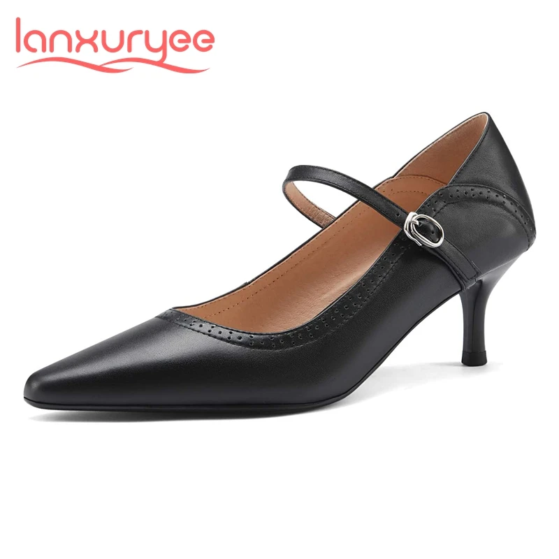 

Туфли Lanxuryee женские весенние из натуральной кожи, заостренный носок, высокий каблук, ремешок с пряжкой, красивая повседневная одежда, L18