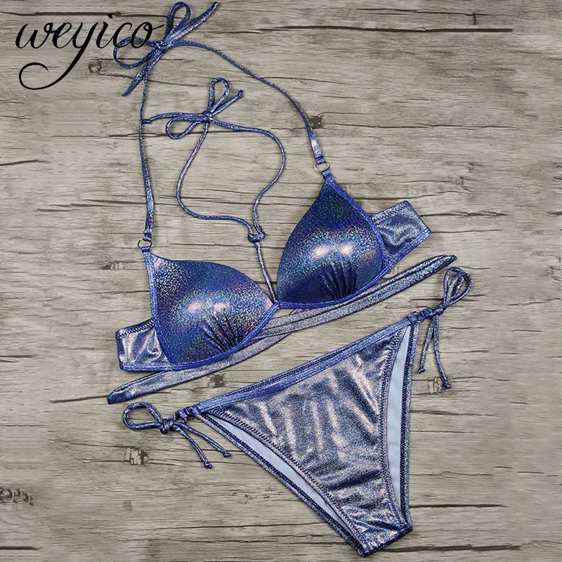 Бикини с пуш ап 2020 женский сексуальный купальник светоотражающий серебристо