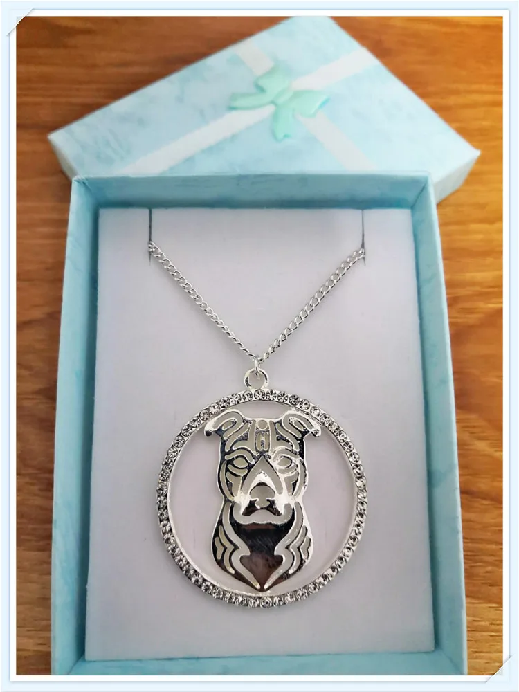 

American Staffordshire Terrier Pit Bull Crystal Stainless Steel Women Necklace Jewelry Femme Dog Key Chain With Gift Box