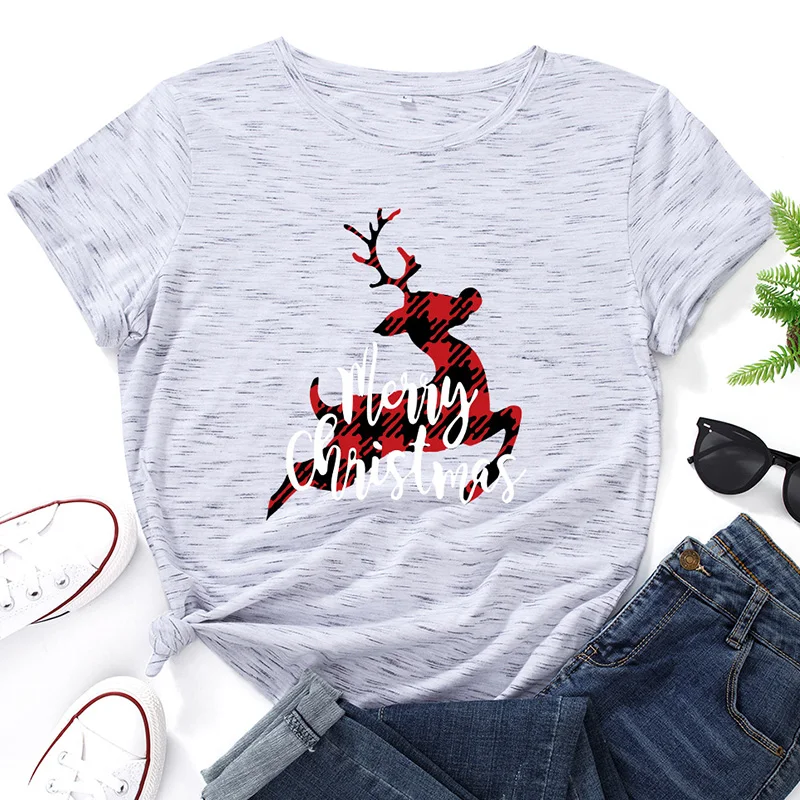 

Women Cotton Graphic Christmas Deer Printed Fashion Cartoon Short Sleeve Lady Clothes Tops Tees Female Casual Tshirt T-Shirt