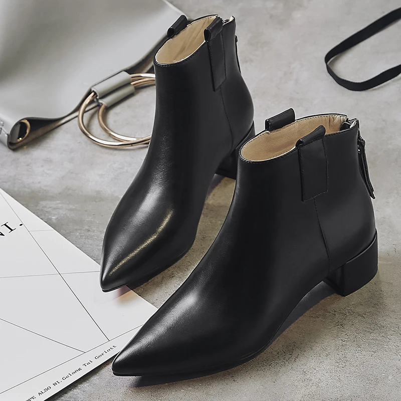 

Women's genuine leather autumn ankle boots pointed toe back zip soft comfortable short bootie warm plush low heel shoes women