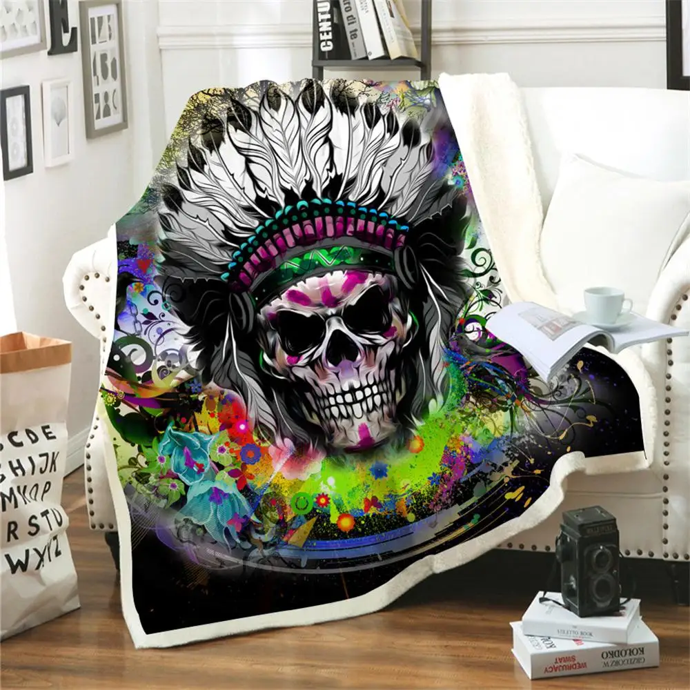

Stylish Colored Retro Skull Print Sherpa Throw Blankets 3D Comfortable Warm Sofa Office Plush Blanket Bedroom Home Textile