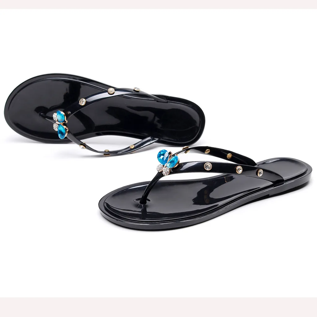 Женские Летние вьетнамки большого размера Шлепанцы со стразами и бабочками