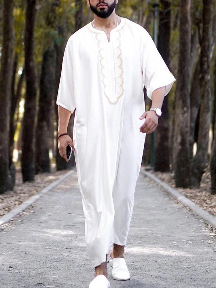 Muslim Fashion White Robe Shirt Pure Color Youth Loose Collarless Casual Half Sleeve Ropas De Hombre árabe Thobe for Men Abaya