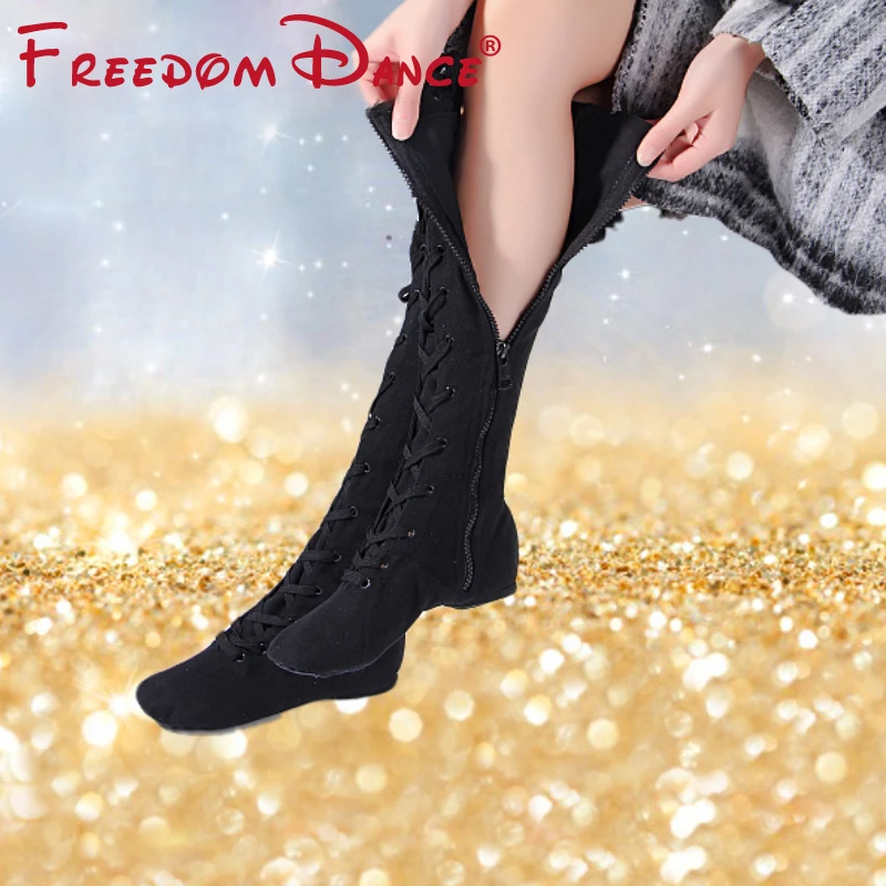 Женские высокие танцевальные ботинки парусиновые мягкие балетные на молнии