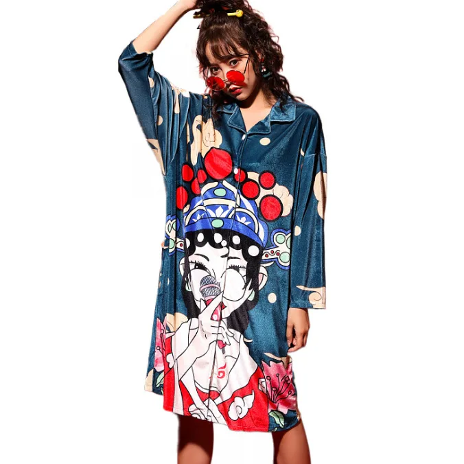 

Traditional Chinese Red Women Nightgown Sleepshirt With Buttond Lapel Velour Sleepwear Nightdress Printed Vintage Kimono Gown