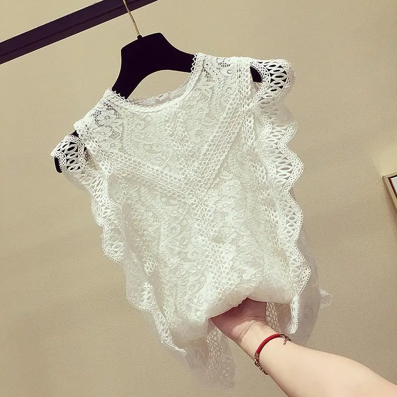 Женский кружевной топ без рукавов однотонный облегающий элегантный пуловер в