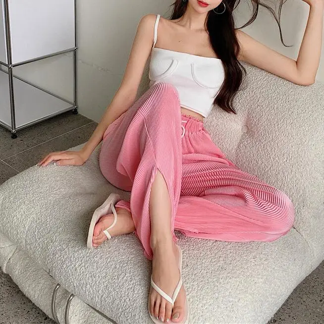 

ZHISILAO Elastic Waist Pink Wide Leg Straight Pants Women Streetwear Solid Retro Casual Blue Trousers Mujer Plus Size 2021