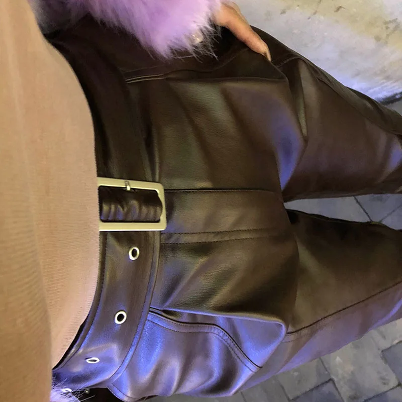 European And American Style Imitation Sheepskin Fleece High Belt Tooling Pockets Straight Leather Pants | Женская одежда