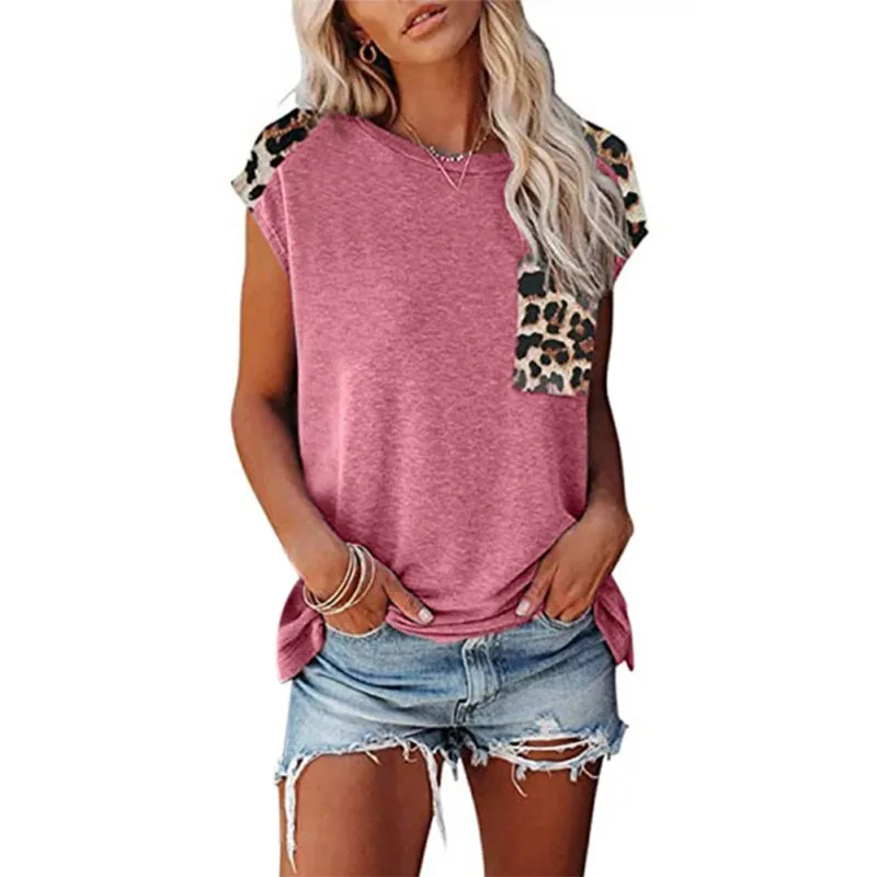 

Summer Leopard T Shirts Female Patchwork Tops Women Round Neck Casual Pocket Short Sleeve T-shirt