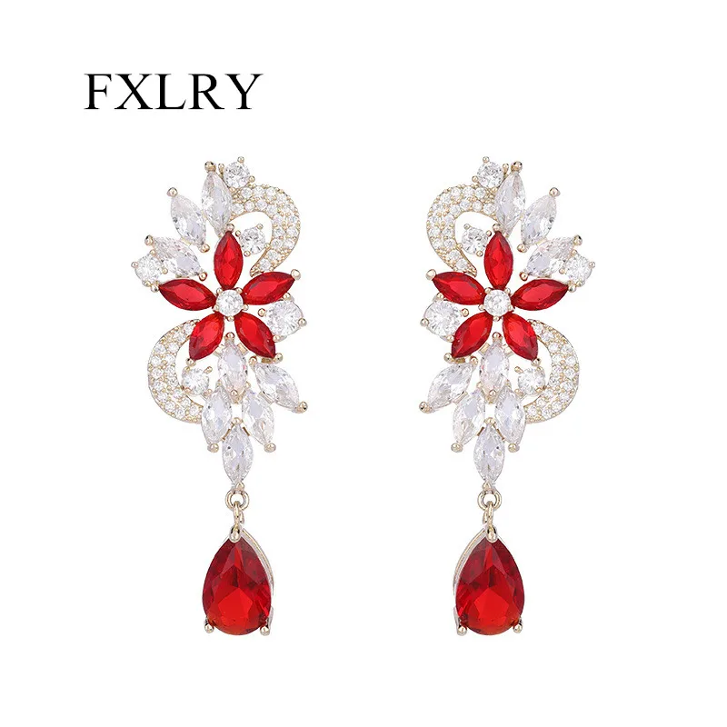 

FXLRY высококачественные модные серьги в форме цветка с фианитом класса ААА в форме капли воды для женщин ювелирные изделия вечерние ринки св...