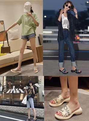 

New Arrivial Increased Thick-soled Slippers Women Summer New Beach Shoes Wear Letter Sandals Trendy Flip-on Black Apricot Flops