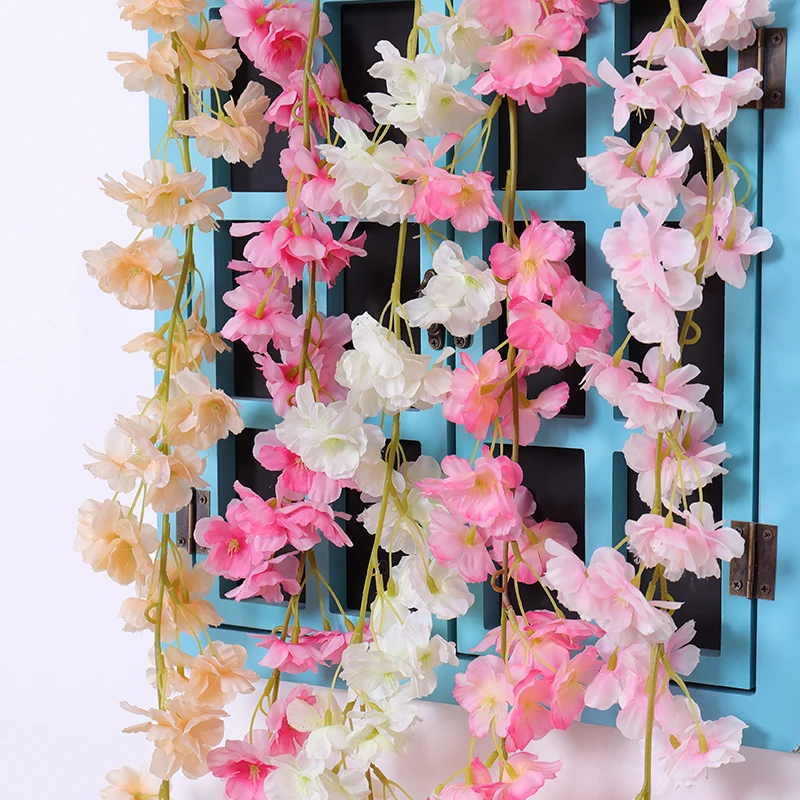 

180cm Artificial flowers Romantic Cherry blossom Rattan Home Wedding Arch decoration Vines Silk Ivy String wall Hanging Garland