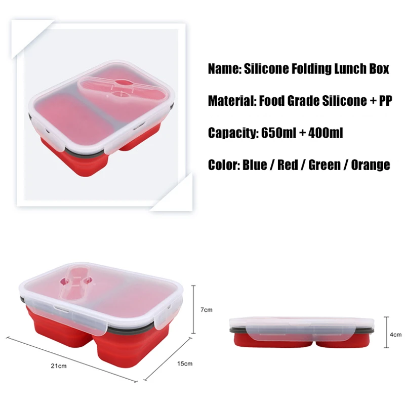Складной силиконовый складной квадратный Bento Box с двойной сеткой Портативный